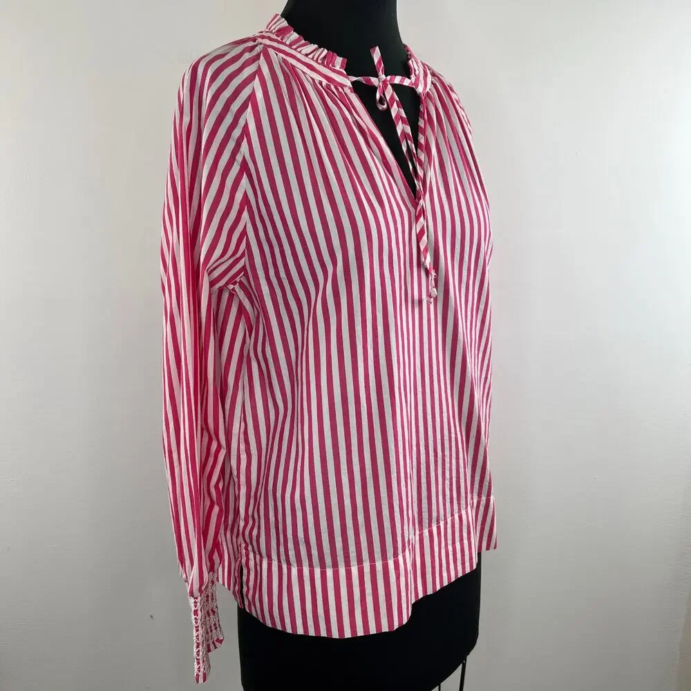 J. Crew Pink White Striped Cotton Smocked-Cuff Women's Popover Top Size S